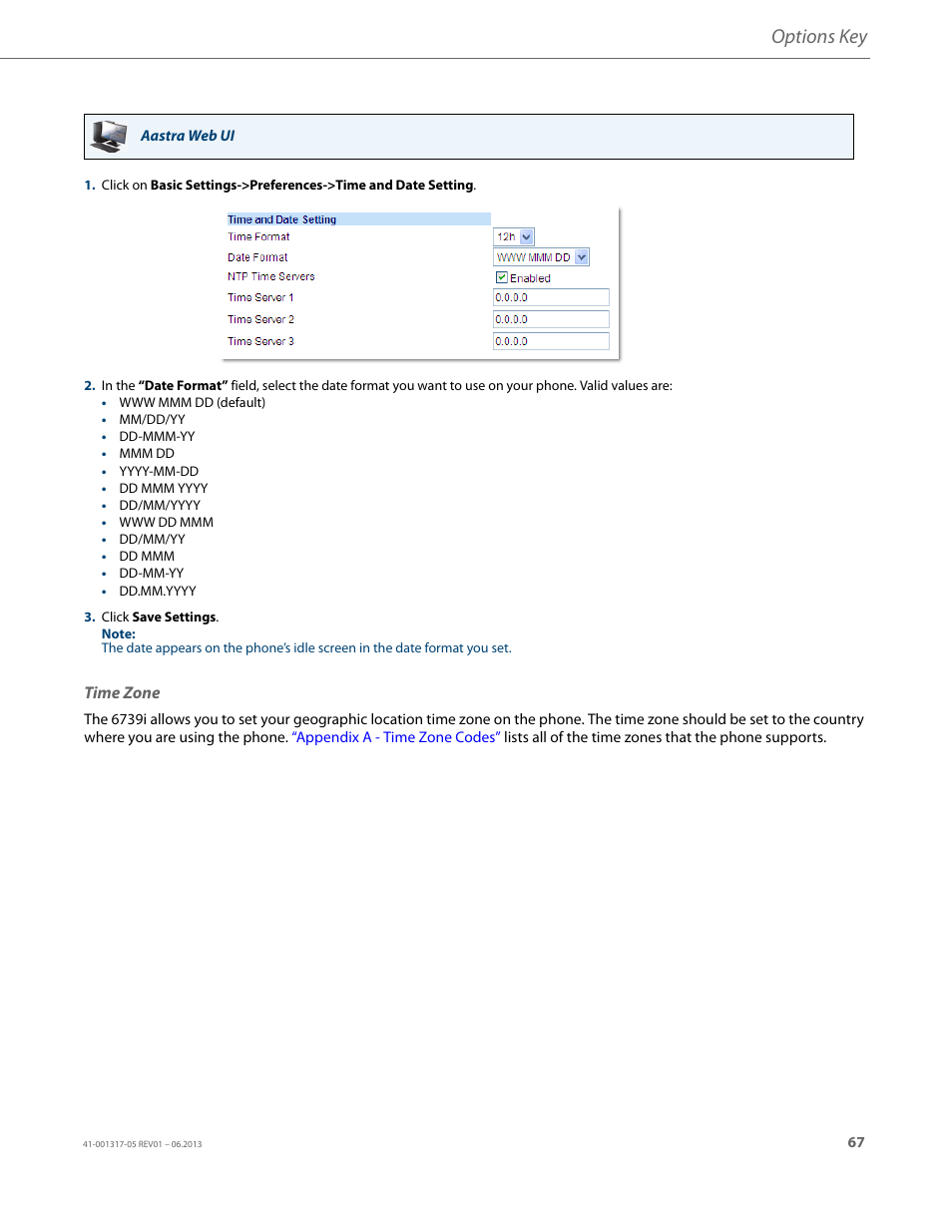 Time zone, Options key | AASTRA 6739i User Guide EN User Manual | Page 73 / 214