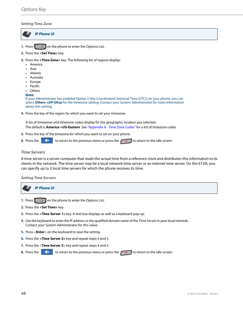 Time servers, Options key | AASTRA 6739i User Guide EN User Manual | Page 74 / 214