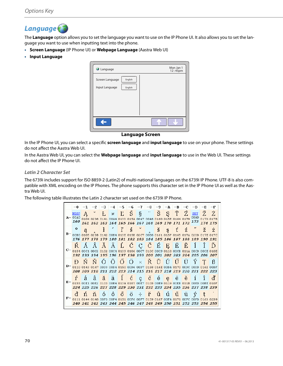 Language, Latin 2 character set, Options key | AASTRA 6739i User Guide EN User Manual | Page 76 / 214