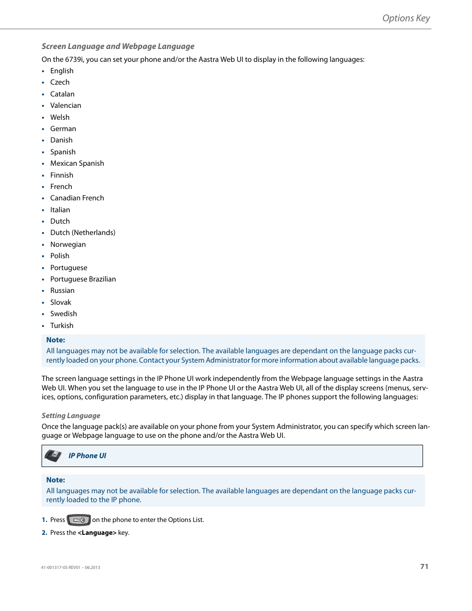 Options key | AASTRA 6739i User Guide EN User Manual | Page 77 / 214