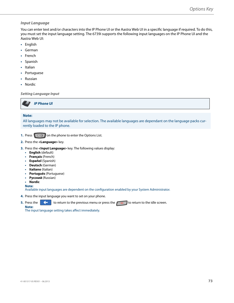 Input language, Options key | AASTRA 6739i User Guide EN User Manual | Page 79 / 214