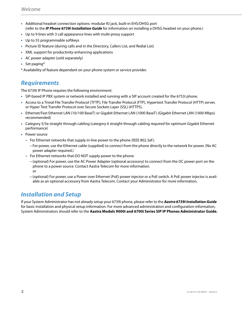 Requirements, Installation and setup, Welcome | AASTRA 6739i User Guide EN User Manual | Page 8 / 214