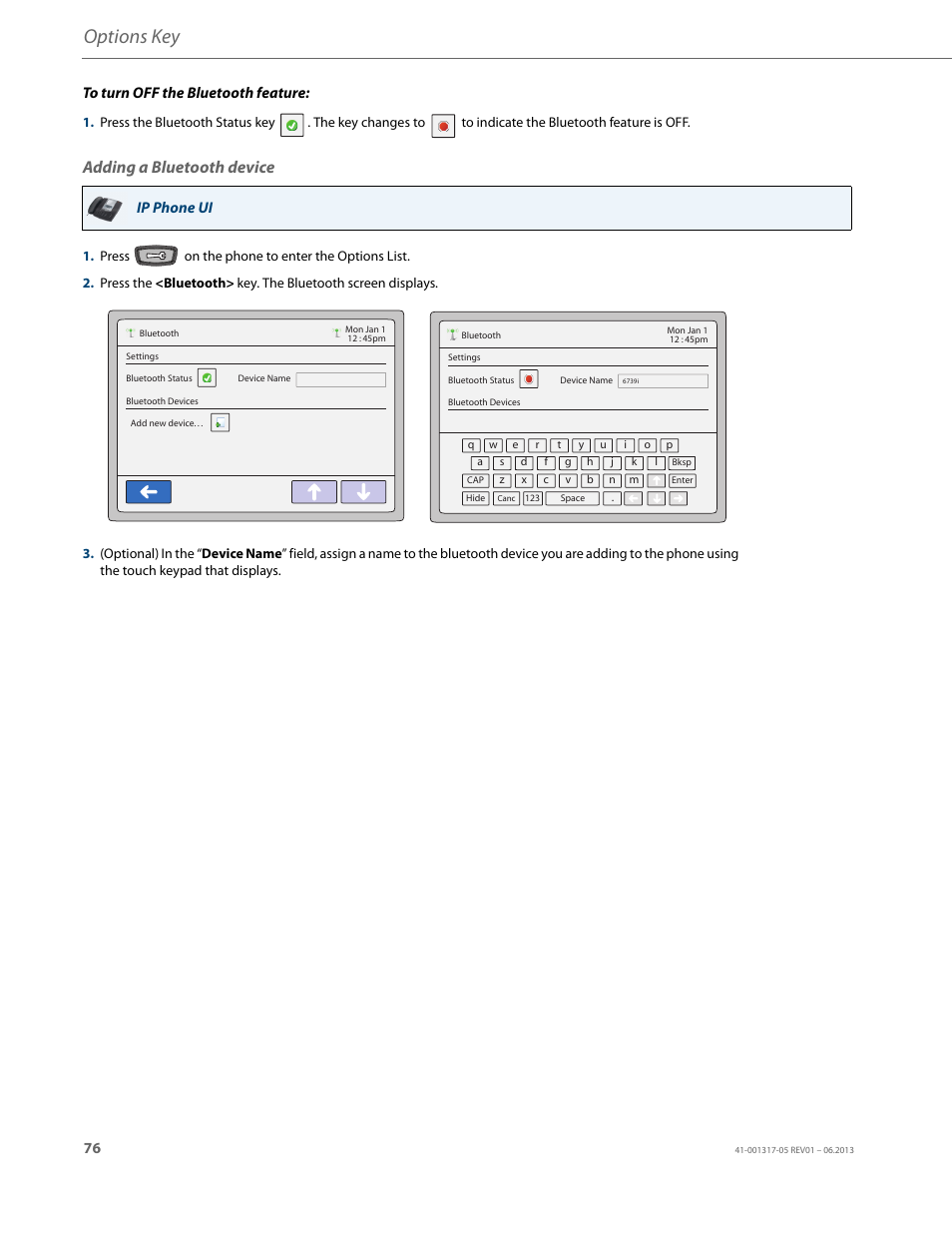 Adding a bluetooth device, Options key, Ip phone ui | AASTRA 6739i User Guide EN User Manual | Page 82 / 214