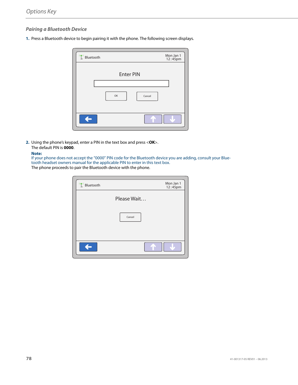 Pairing a bluetooth device, Options key, Enter pin | Please wait | AASTRA 6739i User Guide EN User Manual | Page 84 / 214