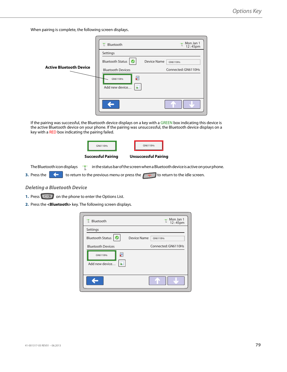 Deleting a bluetooth device, Options key | AASTRA 6739i User Guide EN User Manual | Page 85 / 214