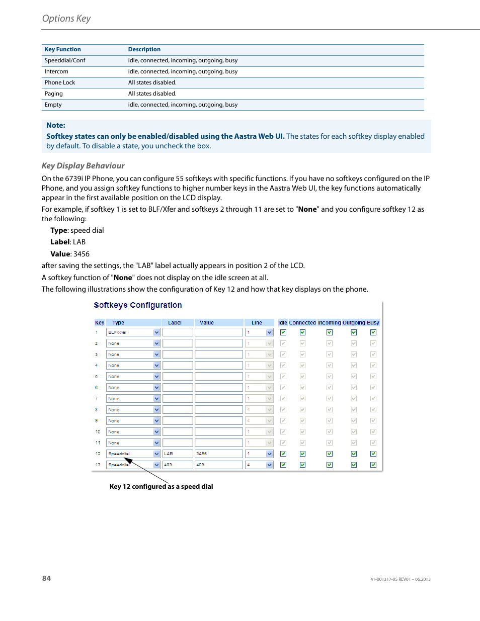 Key display behaviour, Options key | AASTRA 6739i User Guide EN User Manual | Page 90 / 214