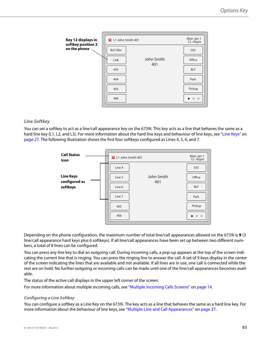 Line softkey, Options key | AASTRA 6739i User Guide EN User Manual | Page 91 / 214