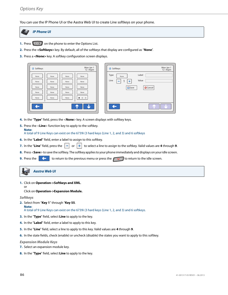 Options key, Aastra web ui, Softkeys | Expansion module keys | AASTRA 6739i User Guide EN User Manual | Page 92 / 214