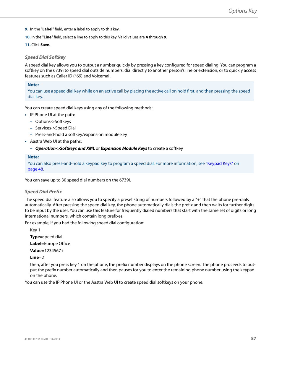 Speed dial softkey, Speed dial prefix, Options key | AASTRA 6739i User Guide EN User Manual | Page 93 / 214