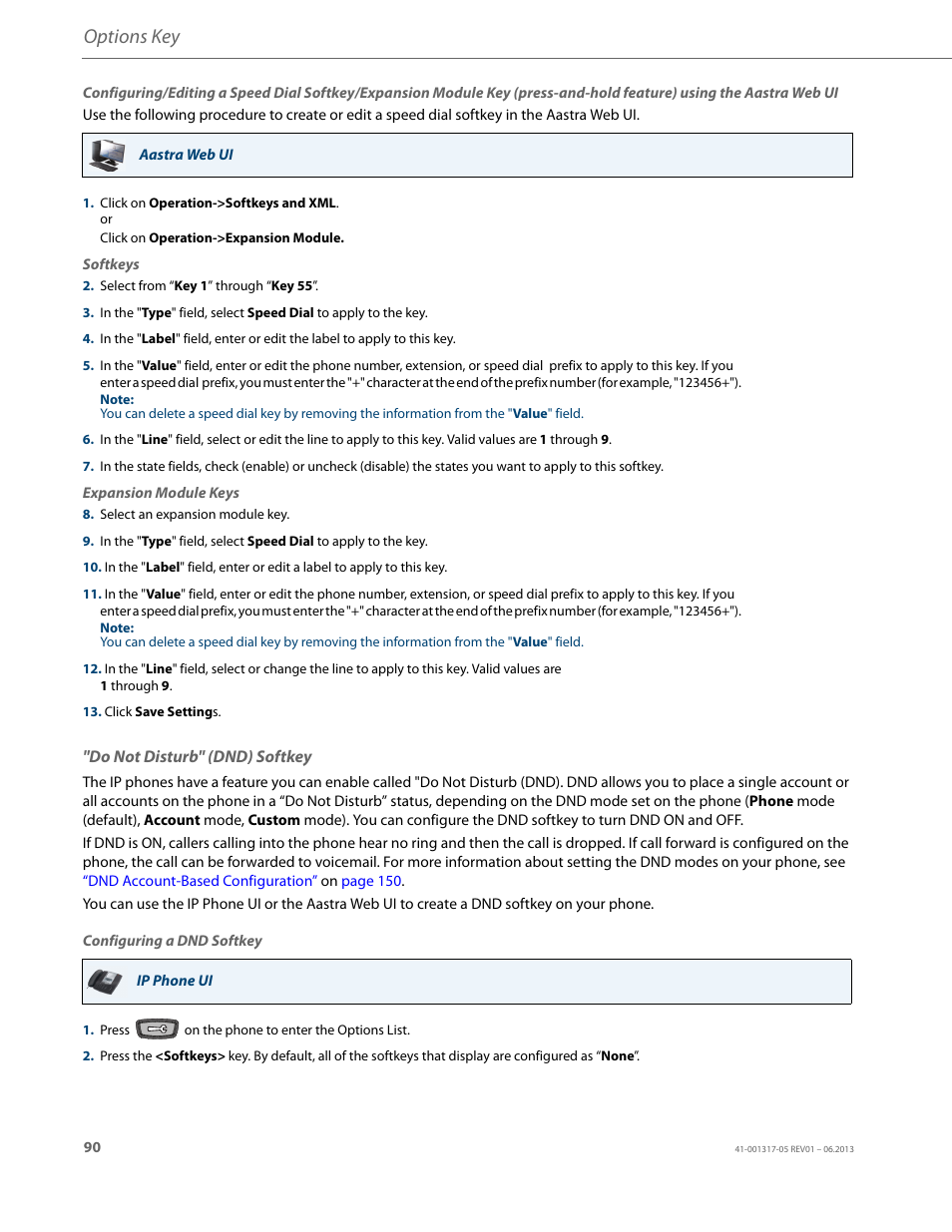 Do not disturb" (dnd) softkey, Options key | AASTRA 6739i User Guide EN User Manual | Page 96 / 214
