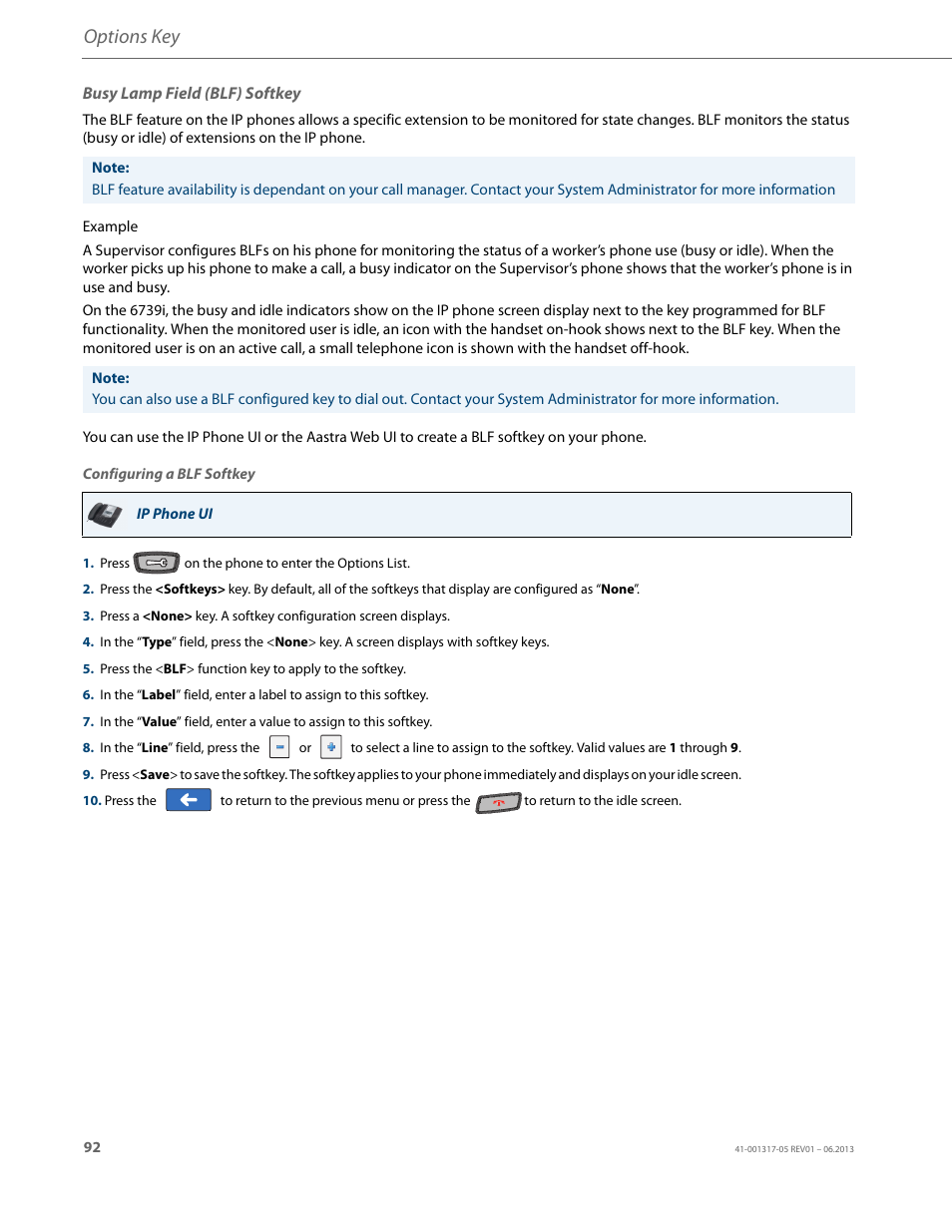 Busy lamp field (blf) softkey, Options key | AASTRA 6739i User Guide EN User Manual | Page 98 / 214