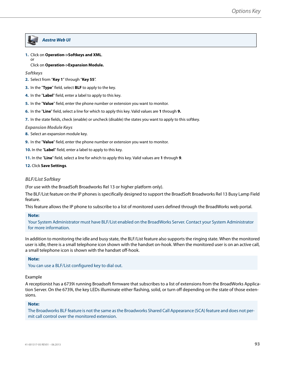 Blf/list softkey, Options key | AASTRA 6739i User Guide EN User Manual | Page 99 / 214