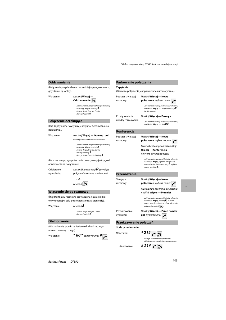 Pl oddzwanianie, Połączenie oczekujące, Włączenie się do rozmowy | Obchodzenie, Parkowanie połączenia, Konferencja, Przenoszenie, Przekazywanie połączeń | AASTRA DT390 for BusinessPhone Quick Reference Guide User Manual | Page 103 / 160
