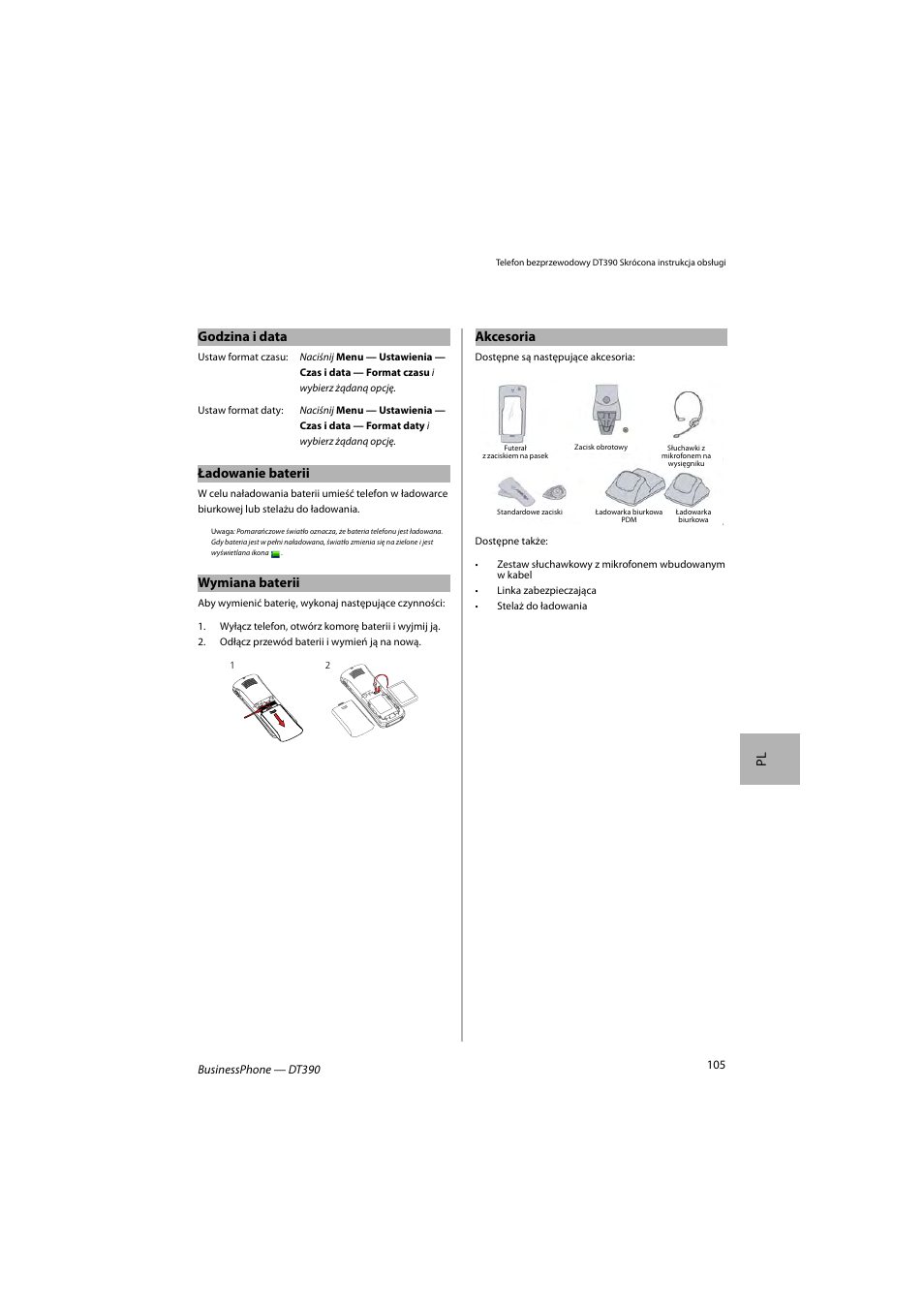 Pl godzina i data, Ładowanie baterii, Wymiana baterii | Akcesoria | AASTRA DT390 for BusinessPhone Quick Reference Guide User Manual | Page 105 / 160