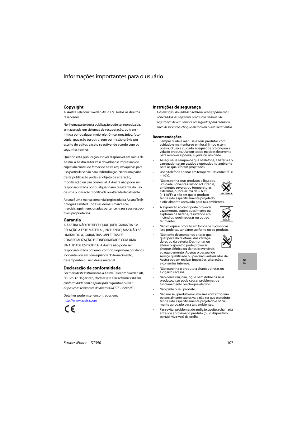 Português do brasil, Informações importantes para o usuário | AASTRA DT390 for BusinessPhone Quick Reference Guide User Manual | Page 107 / 160
