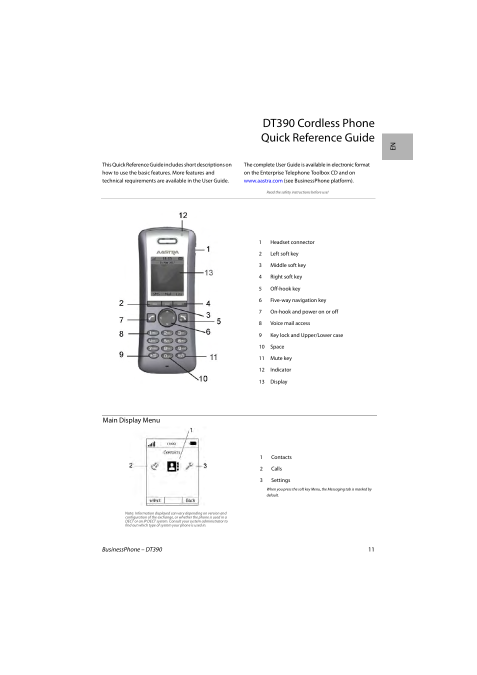 Dt390 cordless phone quick reference guide | AASTRA DT390 for BusinessPhone Quick Reference Guide User Manual | Page 11 / 160