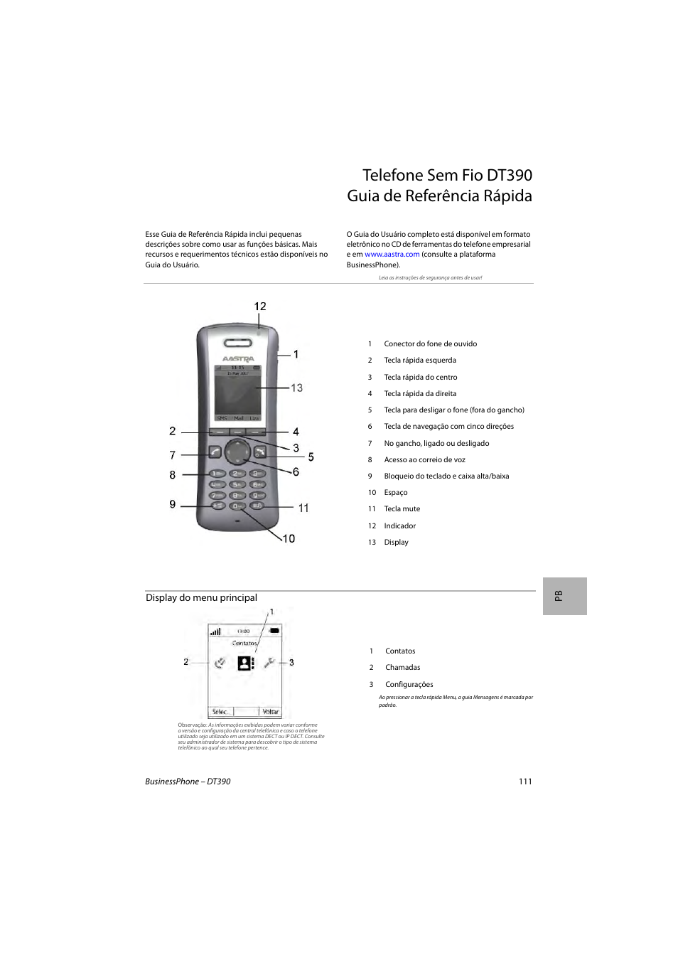 Telefone sem fio dt390 guia de referência rápida | AASTRA DT390 for BusinessPhone Quick Reference Guide User Manual | Page 111 / 160