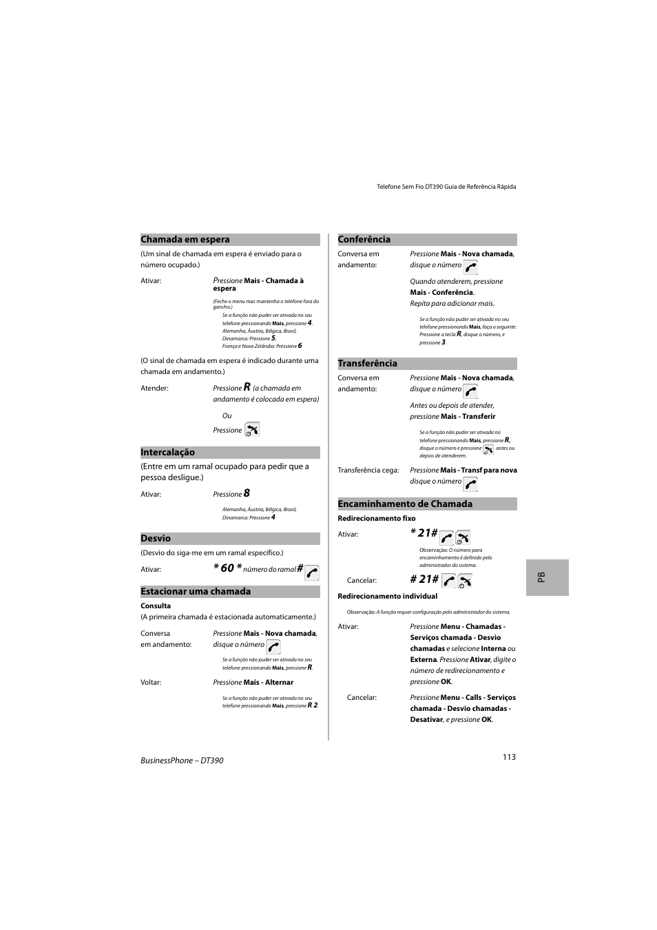 Pb chamada em espera, Intercalação, Desvio | Estacionar uma chamada, Conferência, Transferência, Encaminhamento de chamada | AASTRA DT390 for BusinessPhone Quick Reference Guide User Manual | Page 113 / 160