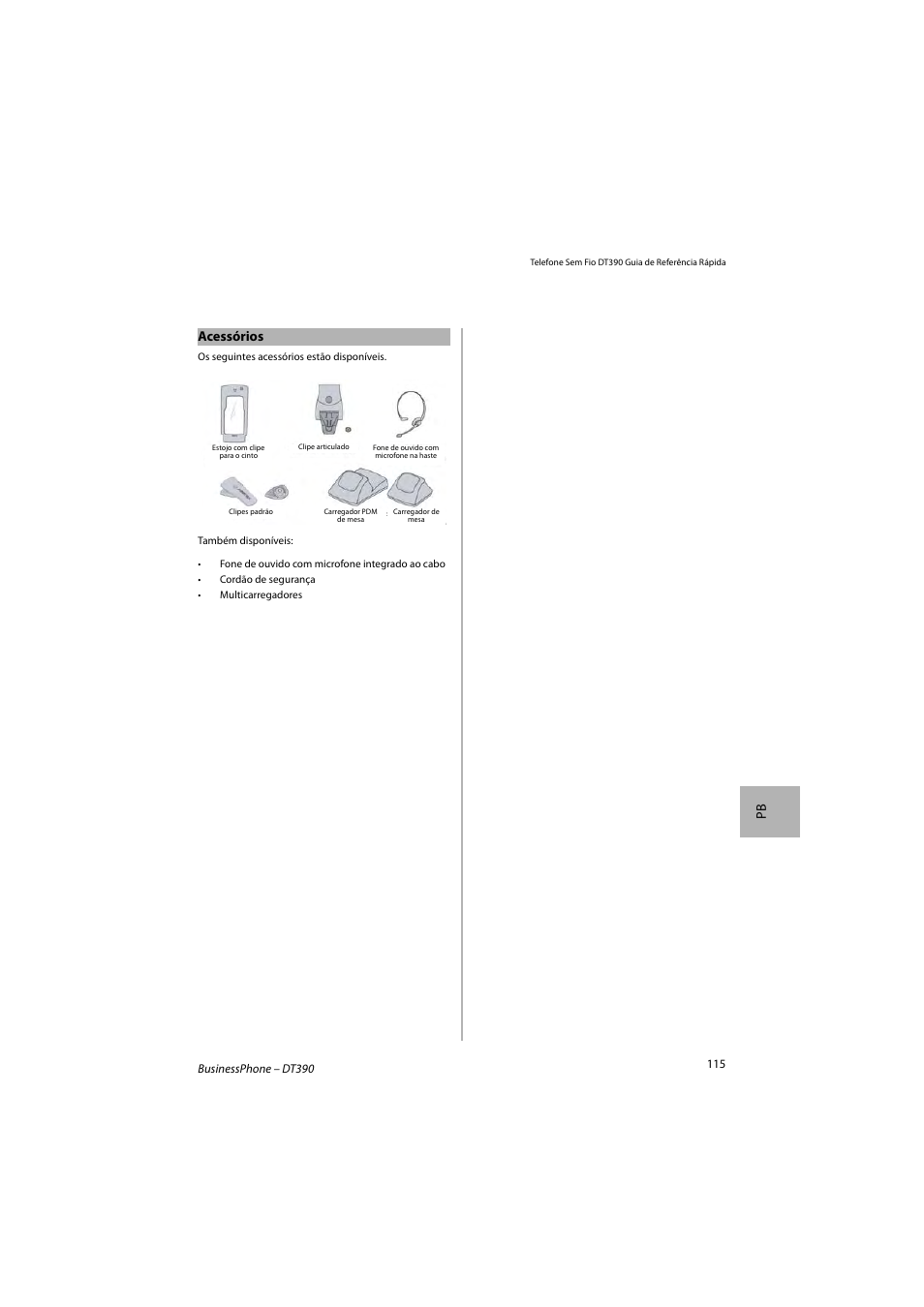 Pb acessórios | AASTRA DT390 for BusinessPhone Quick Reference Guide User Manual | Page 115 / 160