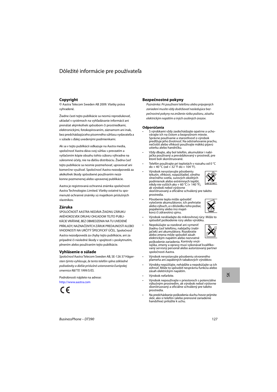 Slovenčina, Dôležité informácie pre používateľa | AASTRA DT390 for BusinessPhone Quick Reference Guide User Manual | Page 127 / 160