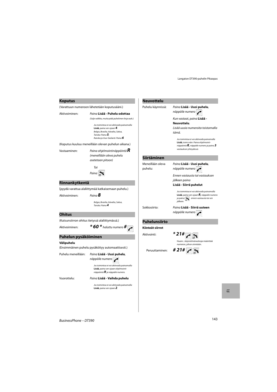 Fi koputus, Rinnankytkentä, Ohitus | Puhelun pysäköiminen, Neuvottelu, Siirtäminen, Puhelunsiirto | AASTRA DT390 for BusinessPhone Quick Reference Guide User Manual | Page 143 / 160