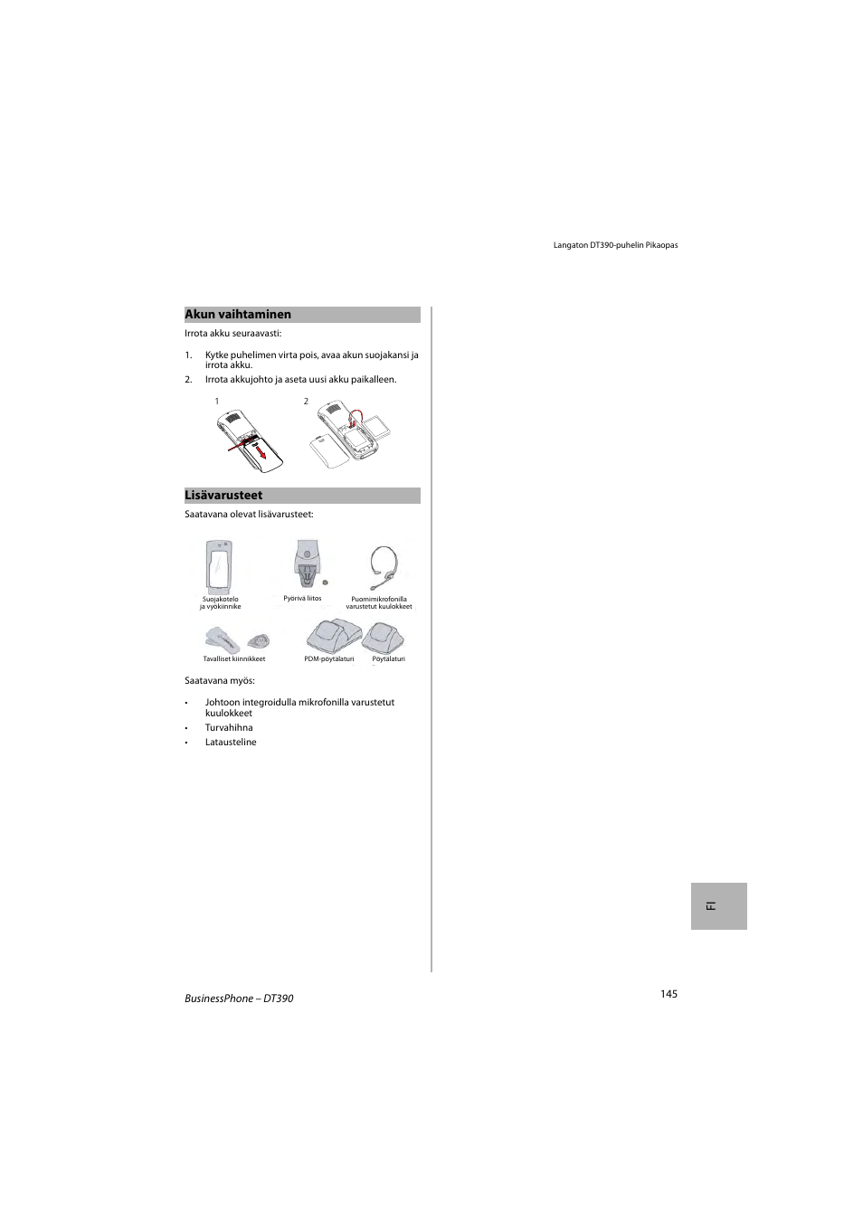 Fi akun vaihtaminen, Lisävarusteet | AASTRA DT390 for BusinessPhone Quick Reference Guide User Manual | Page 145 / 160