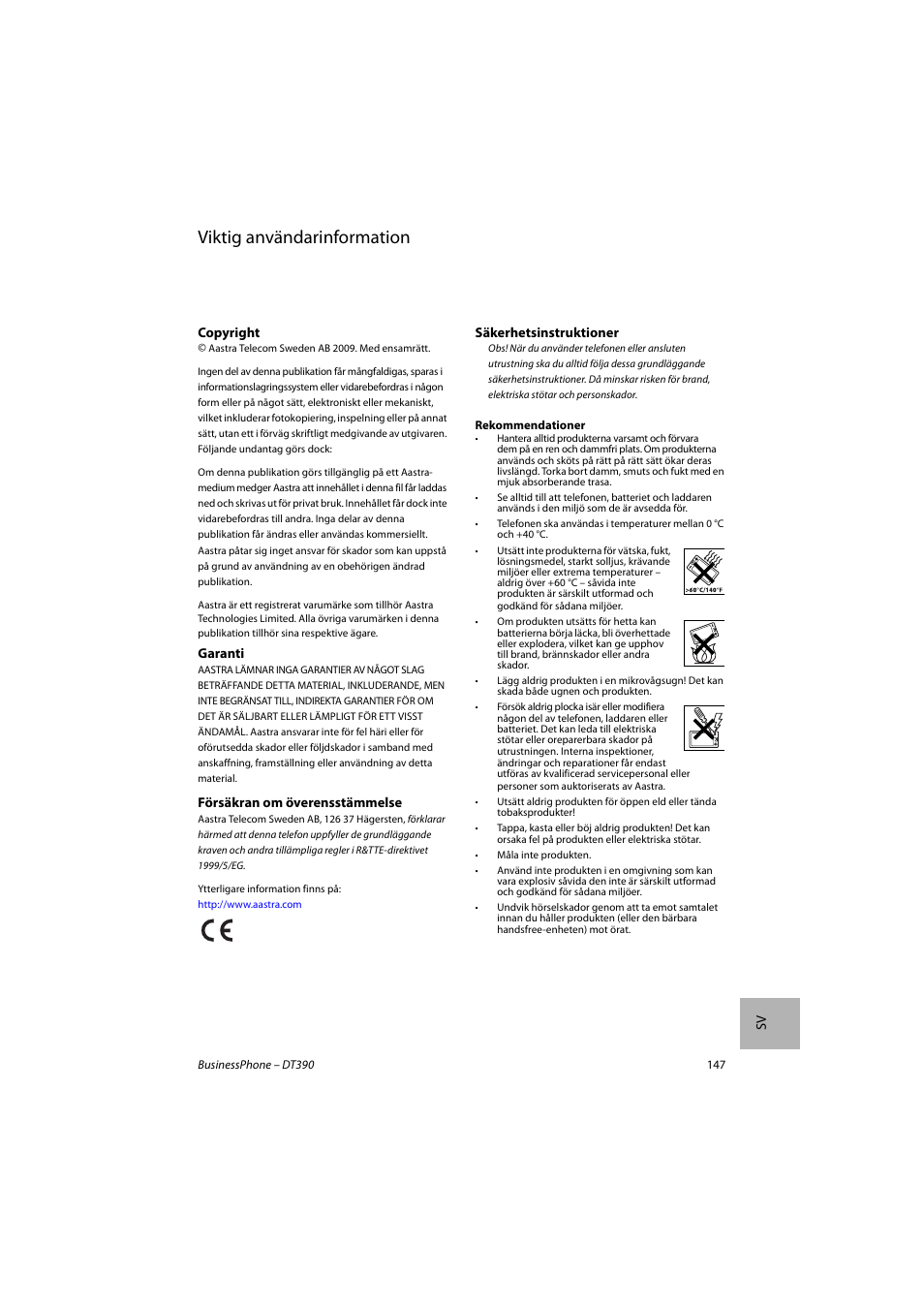 Svenska, Viktig användarinformation | AASTRA DT390 for BusinessPhone Quick Reference Guide User Manual | Page 147 / 160