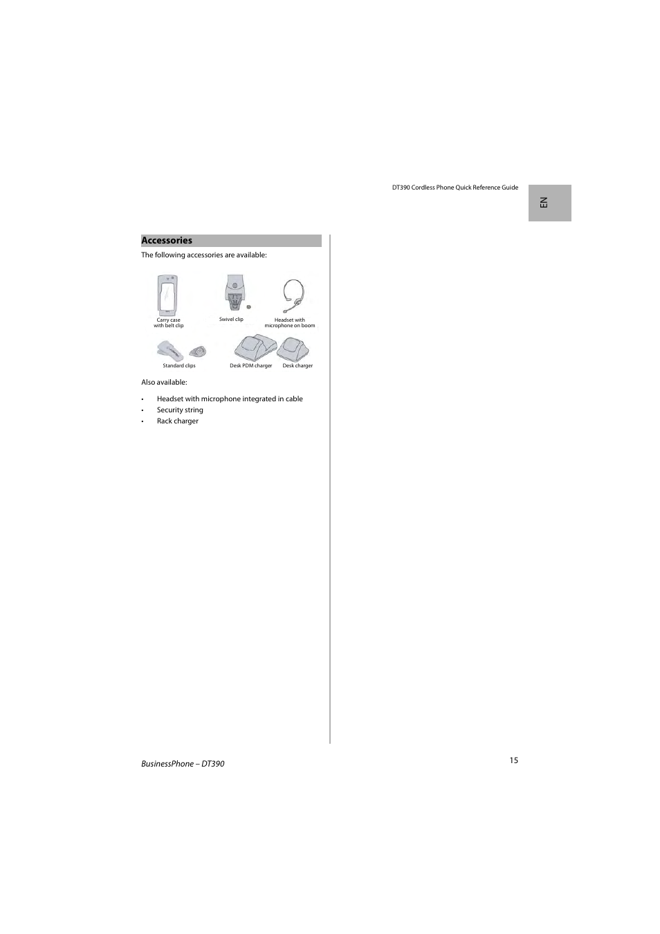 En accessories | AASTRA DT390 for BusinessPhone Quick Reference Guide User Manual | Page 15 / 160