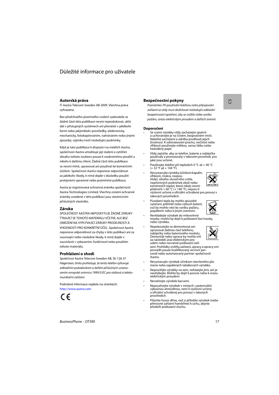 Čeština, Dùležité informace pro uživatele | AASTRA DT390 for BusinessPhone Quick Reference Guide User Manual | Page 17 / 160