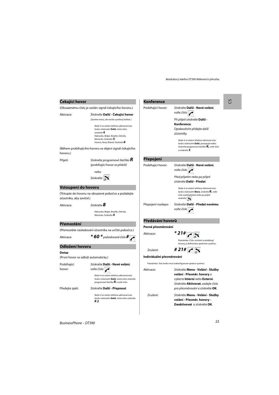 Cs čekající hovor, Vstoupení do hovoru, Přemostění | Odložení hovoru, Konference, Přepojení, Předávání hovorů | AASTRA DT390 for BusinessPhone Quick Reference Guide User Manual | Page 23 / 160