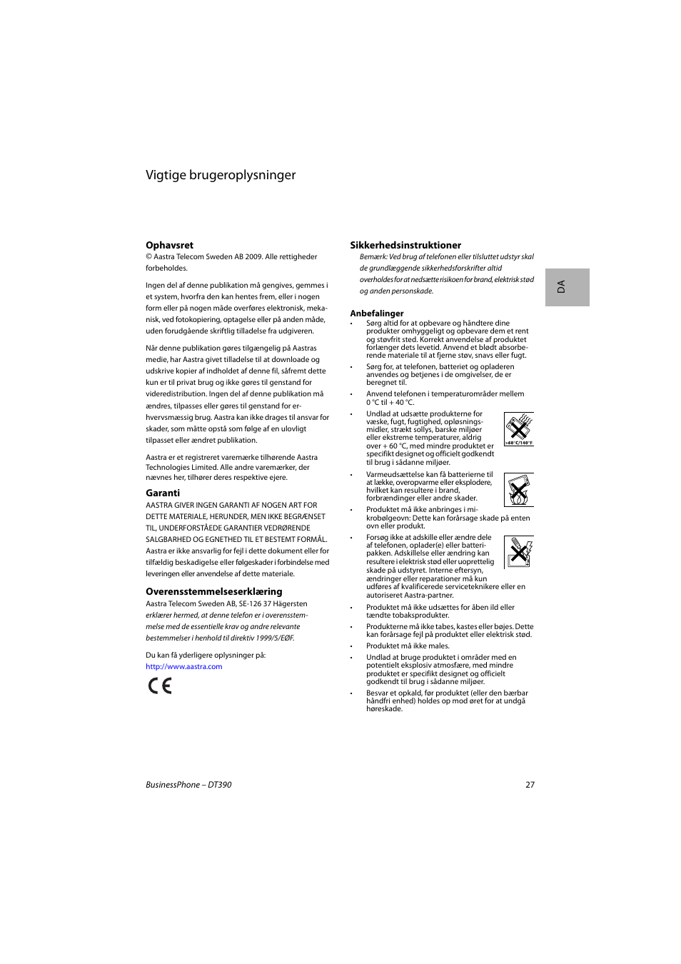 Dansk, Vigtige brugeroplysninger | AASTRA DT390 for BusinessPhone Quick Reference Guide User Manual | Page 27 / 160