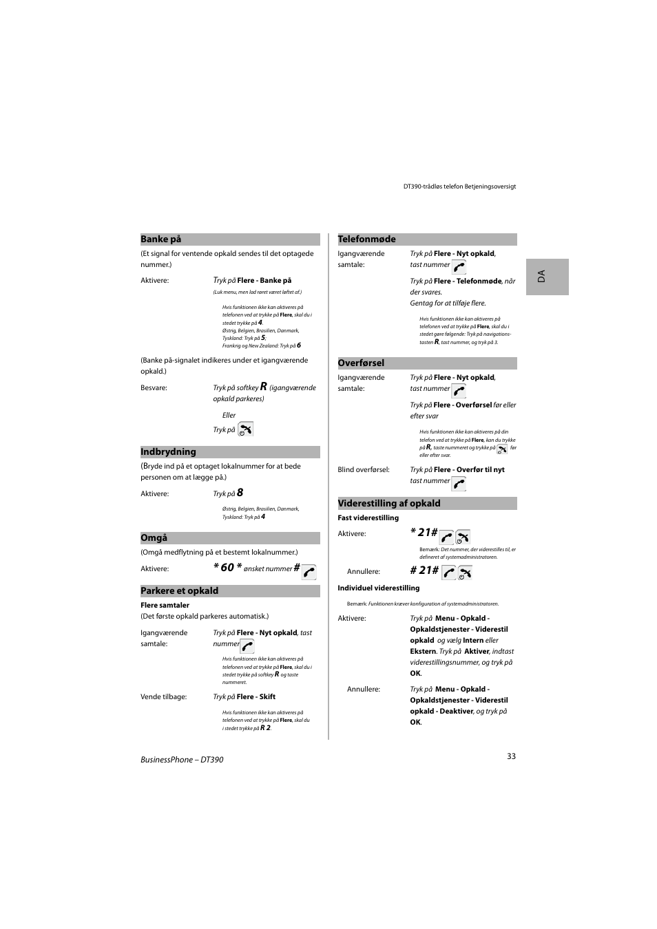 Da banke på, Indbrydning, Omgå | Parkere et opkald, Telefonmøde, Overførsel, Viderestilling af opkald | AASTRA DT390 for BusinessPhone Quick Reference Guide User Manual | Page 33 / 160