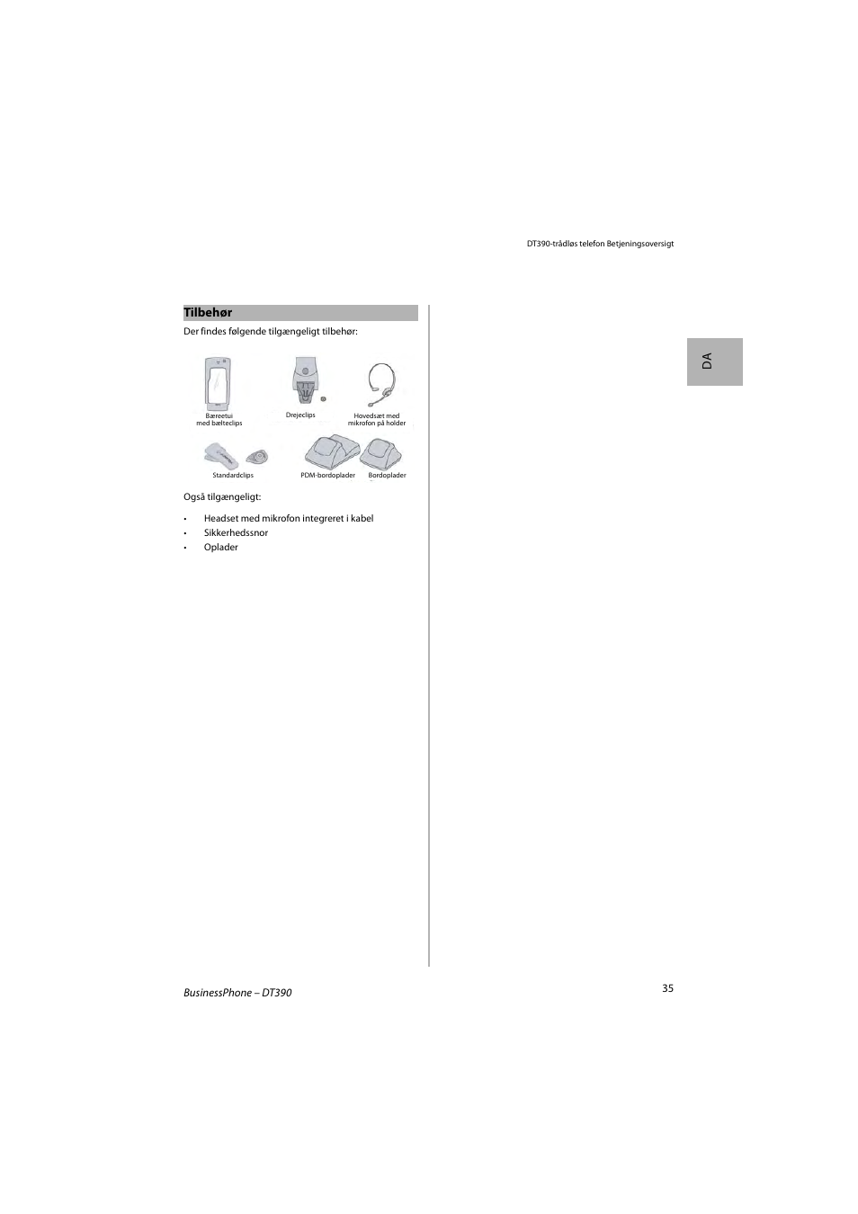 Da tilbehør | AASTRA DT390 for BusinessPhone Quick Reference Guide User Manual | Page 35 / 160