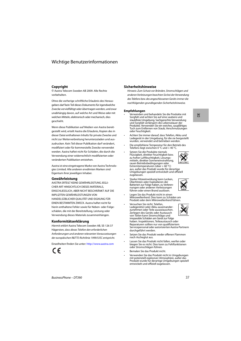 Deutsch, Wichtige benutzerinformationen | AASTRA DT390 for BusinessPhone Quick Reference Guide User Manual | Page 37 / 160