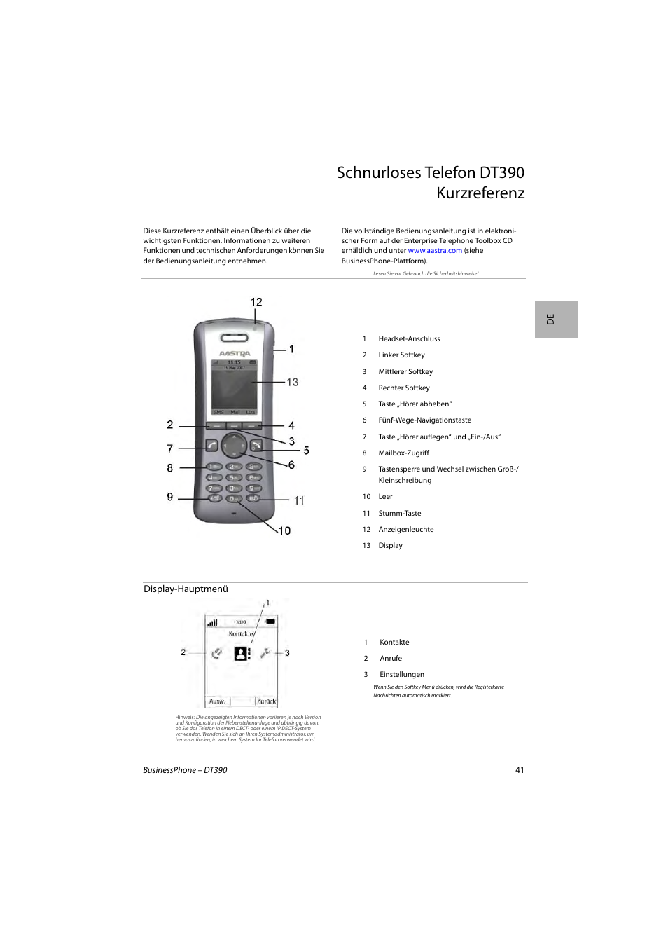 Schnurloses telefon dt390 kurzreferenz | AASTRA DT390 for BusinessPhone Quick Reference Guide User Manual | Page 41 / 160