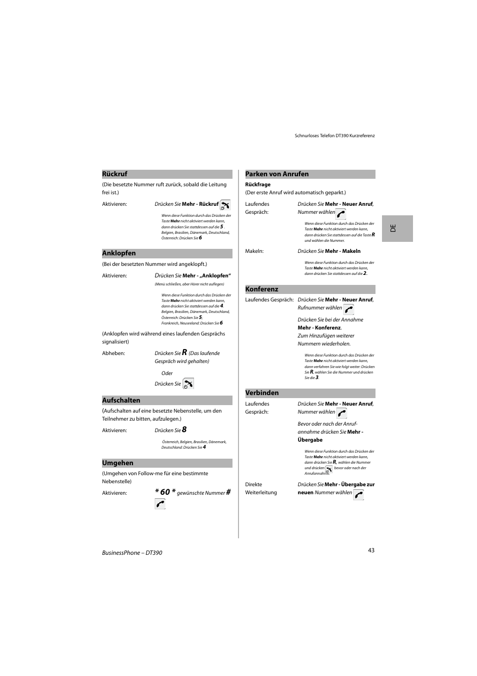 De rückruf, Anklopfen, Aufschalten | Umgehen, Parken von anrufen, Konferenz, Verbinden | AASTRA DT390 for BusinessPhone Quick Reference Guide User Manual | Page 43 / 160