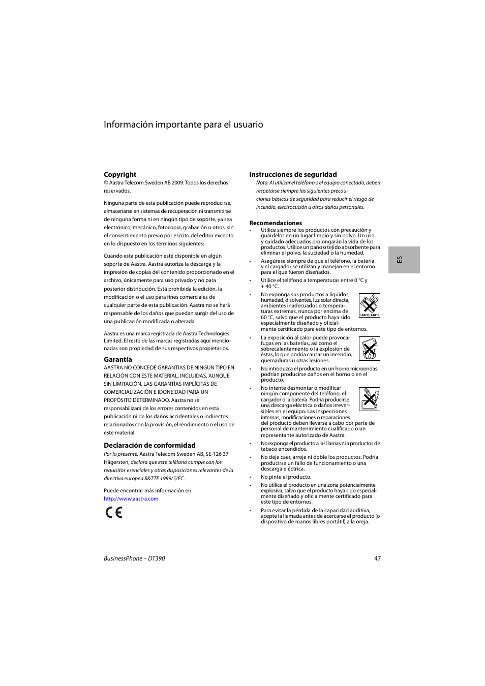 Español, Información importante para el usuario | AASTRA DT390 for BusinessPhone Quick Reference Guide User Manual | Page 47 / 160