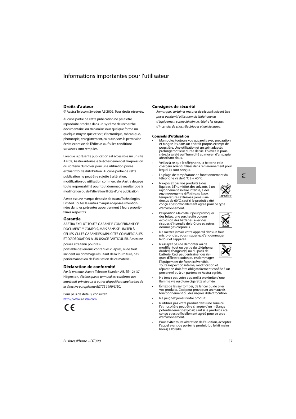 Français, Informations importantes pour l’utilisateur | AASTRA DT390 for BusinessPhone Quick Reference Guide User Manual | Page 57 / 160