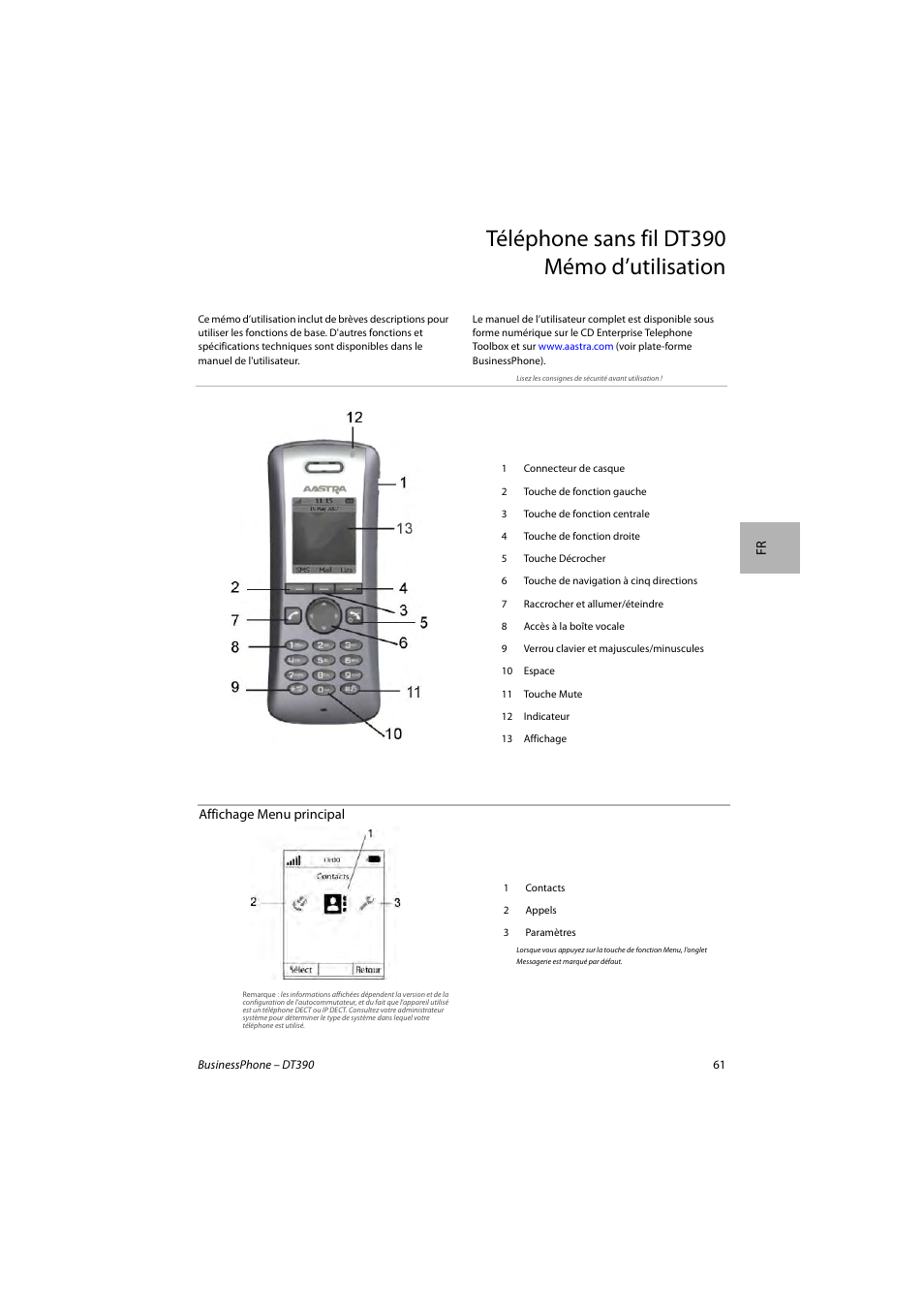 Téléphone sans fil dt390 mémo d’utilisation | AASTRA DT390 for BusinessPhone Quick Reference Guide User Manual | Page 61 / 160