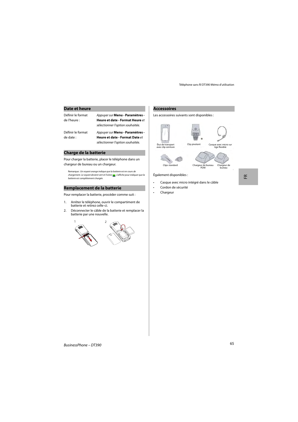 Fr date et heure, Charge de la batterie, Remplacement de la batterie | Accessoires | AASTRA DT390 for BusinessPhone Quick Reference Guide User Manual | Page 65 / 160