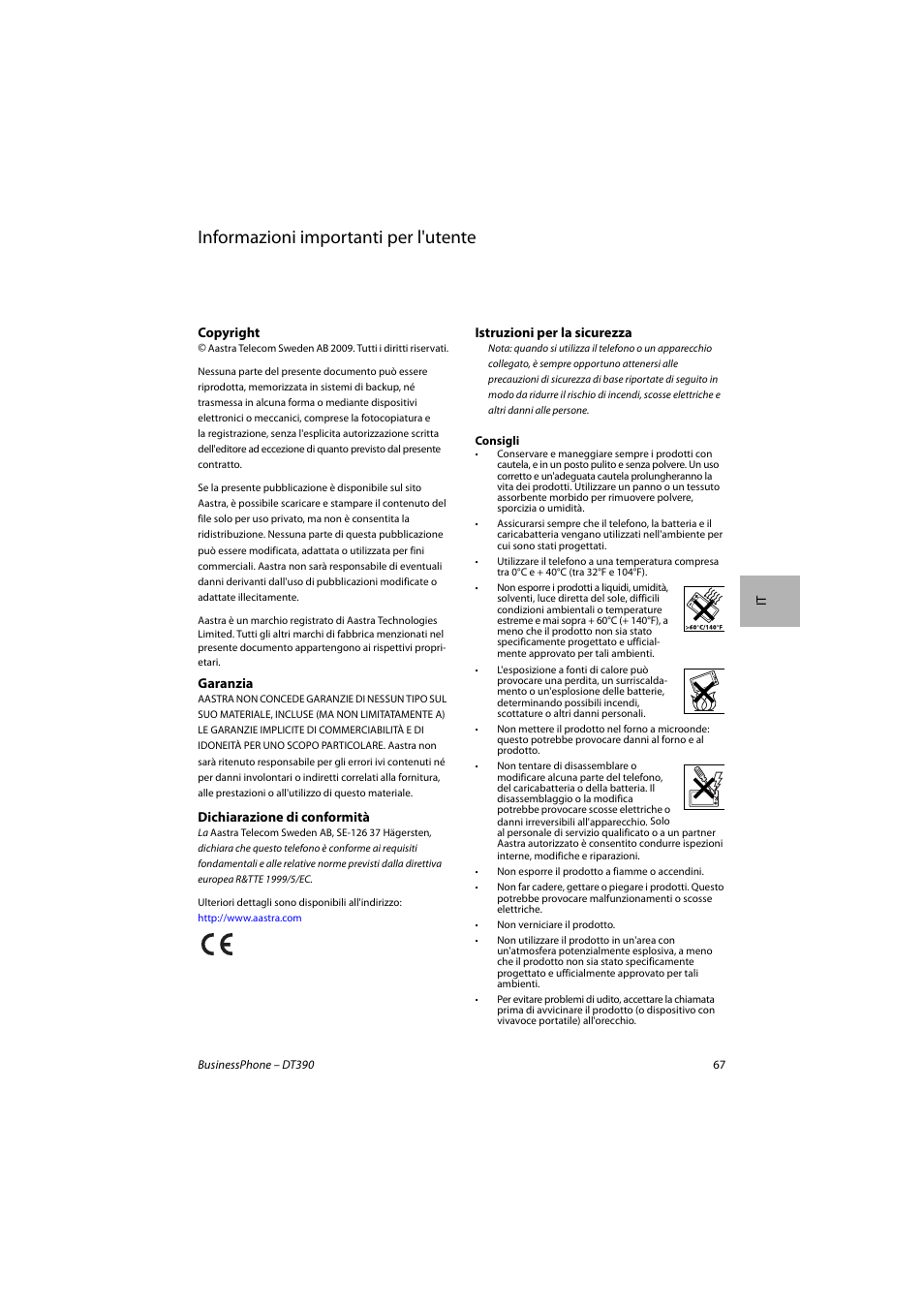 Italiano, Informazioni importanti per l'utente | AASTRA DT390 for BusinessPhone Quick Reference Guide User Manual | Page 67 / 160