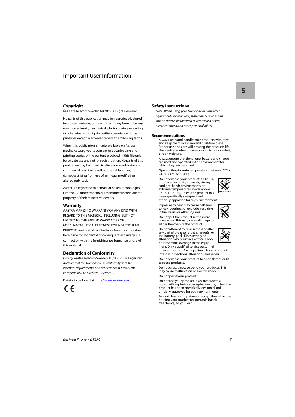 English, Important user information | AASTRA DT390 for BusinessPhone Quick Reference Guide User Manual | Page 7 / 160