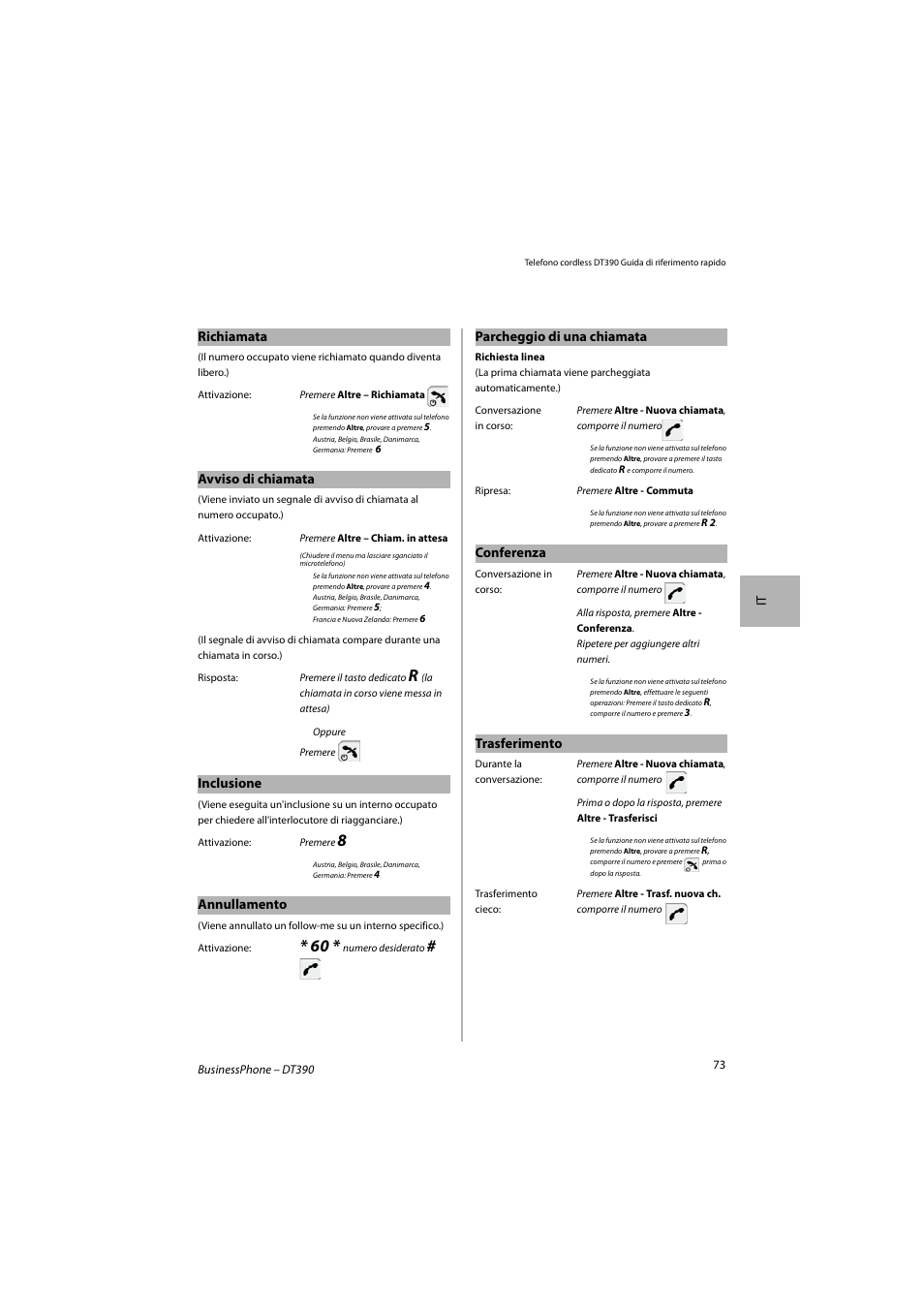 It richiamata, Avviso di chiamata, Inclusione | Annullamento, Parcheggio di una chiamata, Conferenza, Trasferimento | AASTRA DT390 for BusinessPhone Quick Reference Guide User Manual | Page 73 / 160
