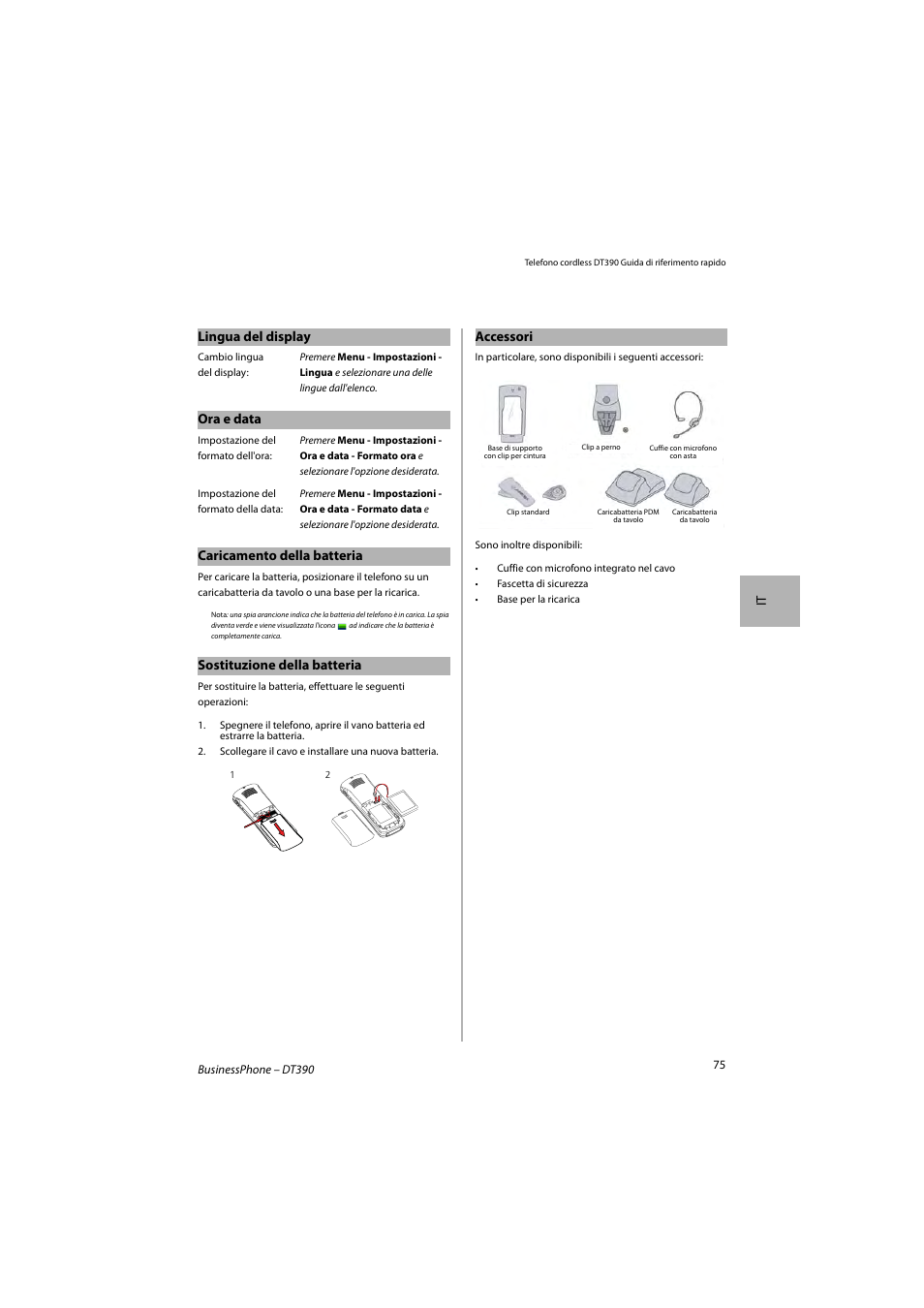 It lingua del display, Ora e data, Caricamento della batteria | Sostituzione della batteria, Accessori | AASTRA DT390 for BusinessPhone Quick Reference Guide User Manual | Page 75 / 160