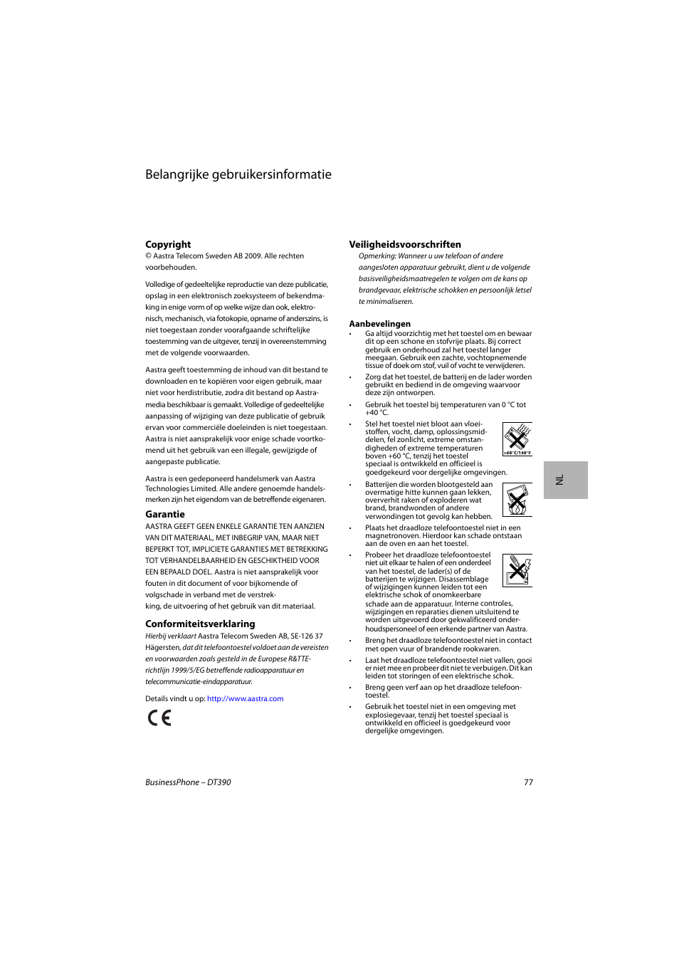 Nederlands, Belangrijke gebruikersinformatie | AASTRA DT390 for BusinessPhone Quick Reference Guide User Manual | Page 77 / 160