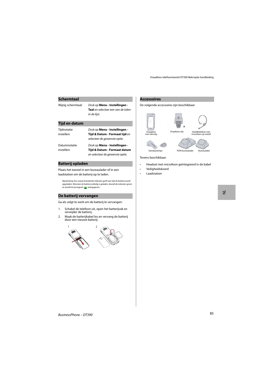 Nl schermtaal, Tijd en datum, Batterij opladen | De batterij vervangen, Accessoires | AASTRA DT390 for BusinessPhone Quick Reference Guide User Manual | Page 85 / 160