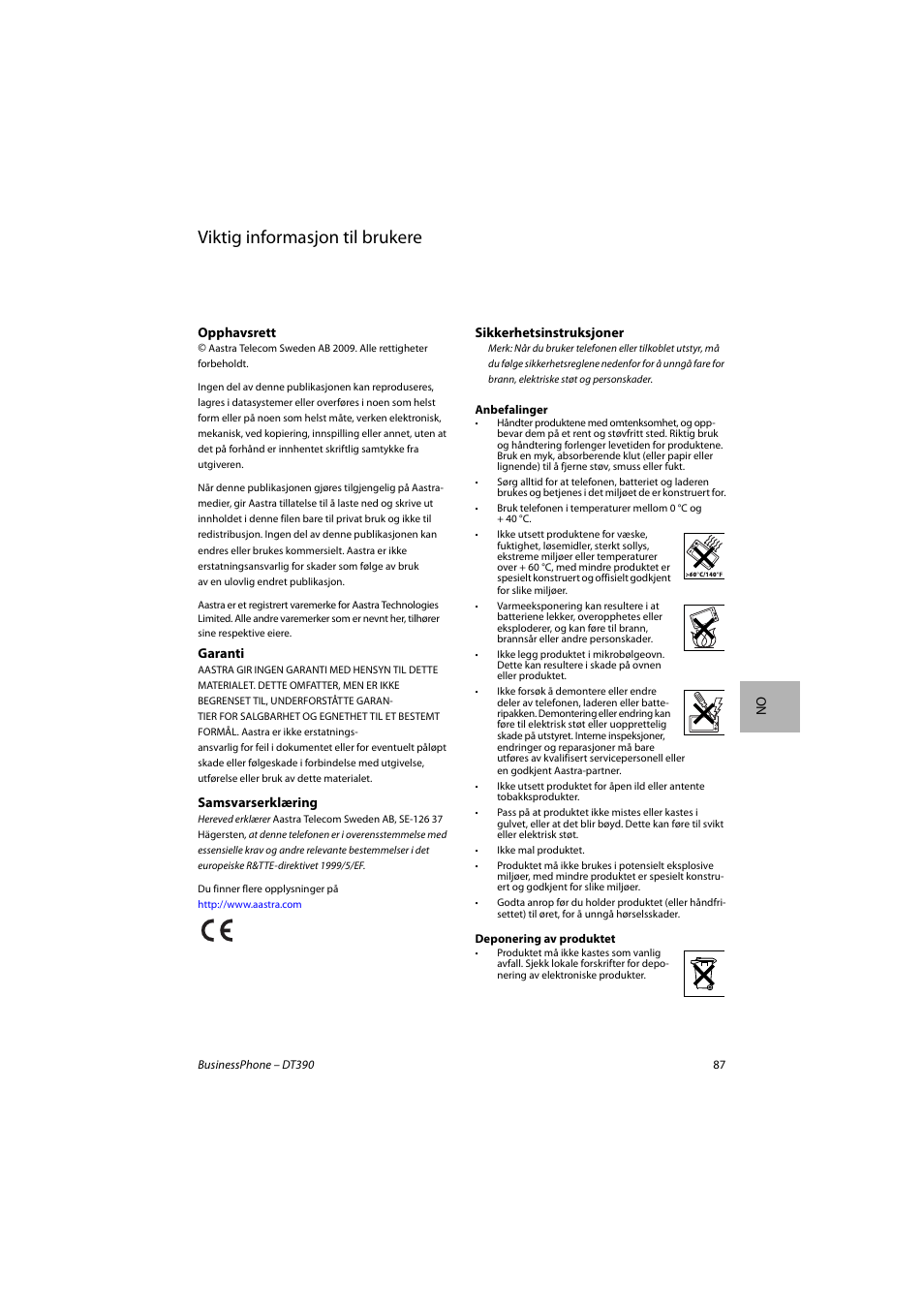 Norsk, Viktig informasjon til brukere | AASTRA DT390 for BusinessPhone Quick Reference Guide User Manual | Page 87 / 160