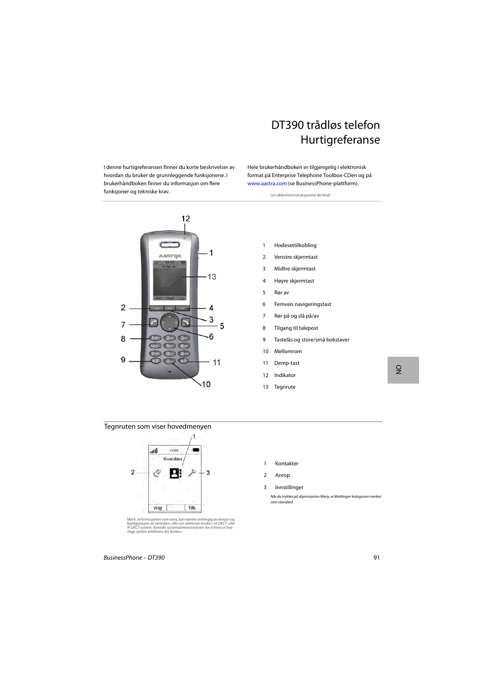 Dt390 trådløs telefon hurtigreferanse | AASTRA DT390 for BusinessPhone Quick Reference Guide User Manual | Page 91 / 160