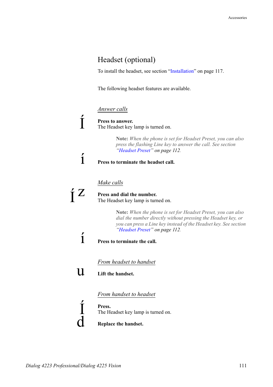 Headset (optional), Section, Headset | Optional), Tion | AASTRA 4225 Vision for MX-ONE (TSE) User Guide EN User Manual | Page 111 / 132