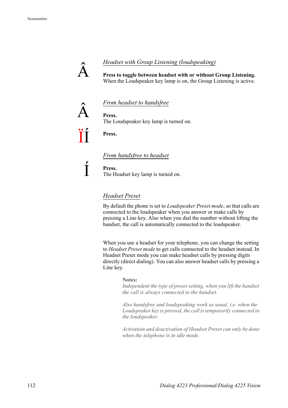 Ction, Headset preset | AASTRA 4225 Vision for MX-ONE (TSE) User Guide EN User Manual | Page 112 / 132